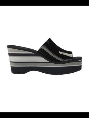 NWOT Katy Perry Collections "Casey" Black Patent Striped Platform Wedge Slide 8